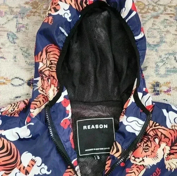 Reason Brand Mens Navy Orange Jacket Japanese Tiger Pullover Hoodie, sz Small - Picture 2 of 13